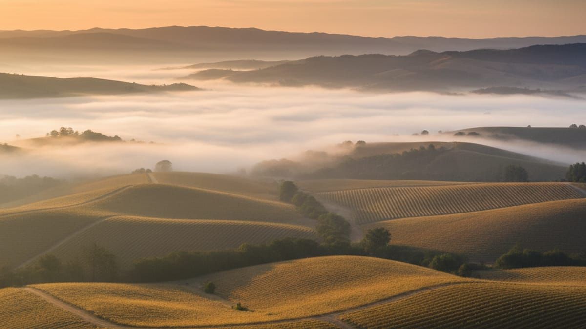 Sonoma Valley landscape with rolling hills and vineyards at golden hour